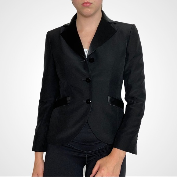 Womens Black Satin Trimmed Fitted Tuxedo Blazer 2P - Picture 1 of 6